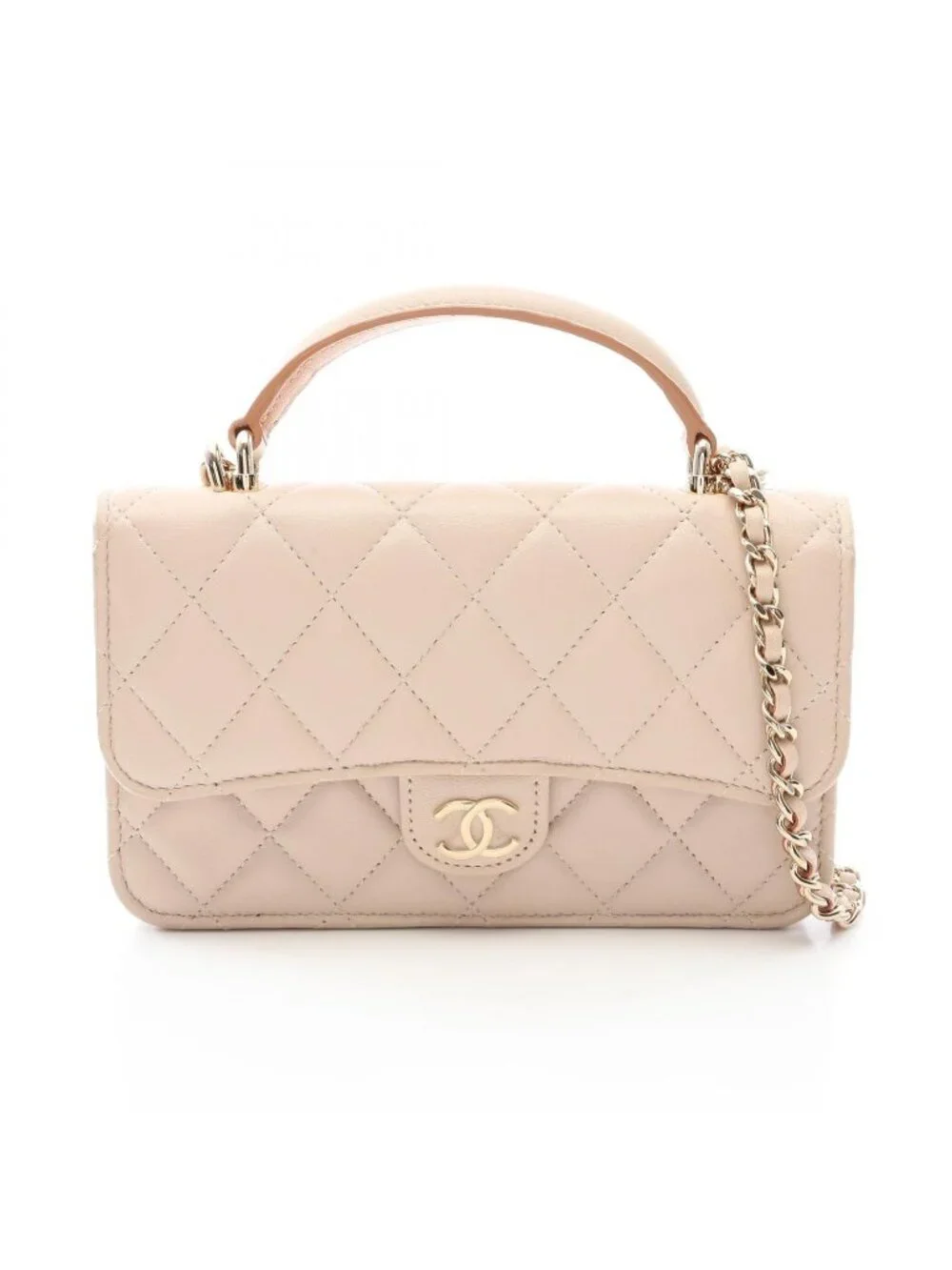 Chanel Shoulder Bag Quilted Beige Lambskin Phone Case Chain Wallet